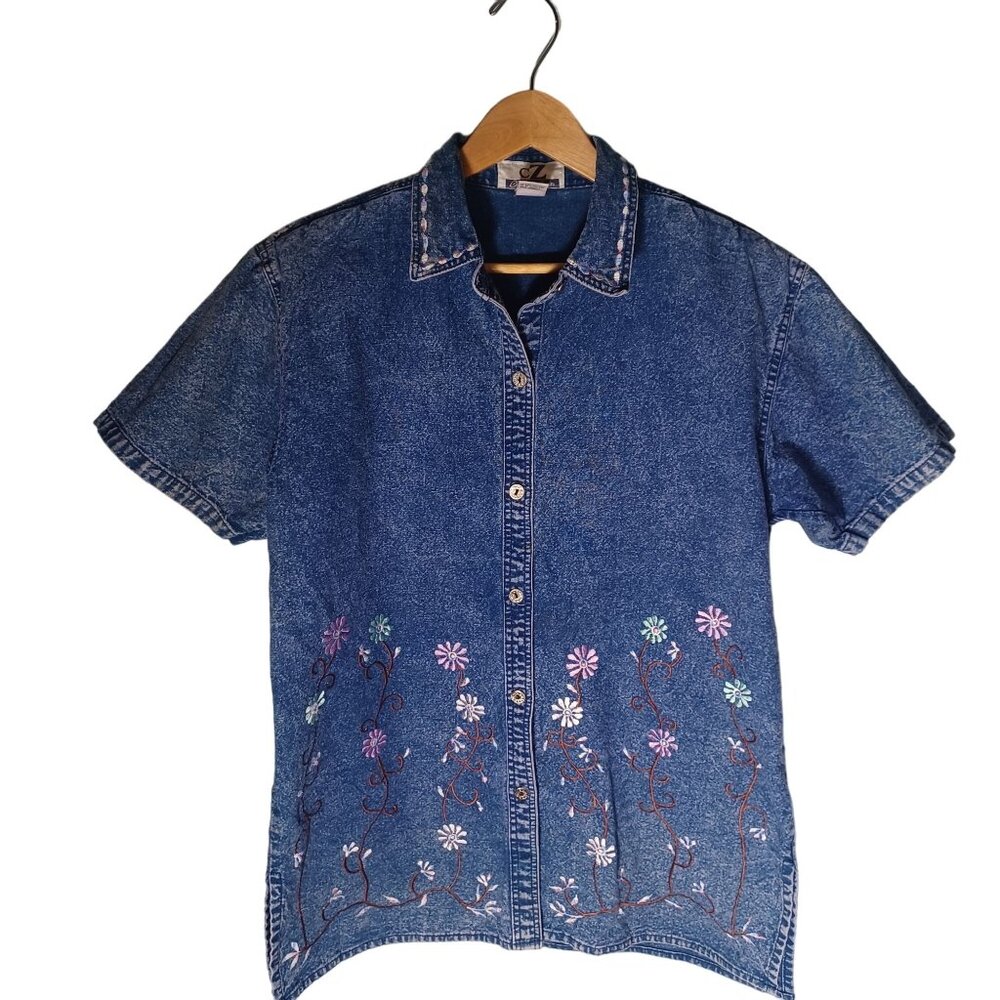 Vintage Denim Shirt Womens Medium Embroidered Floral Cottagecore Acid Wash 80s